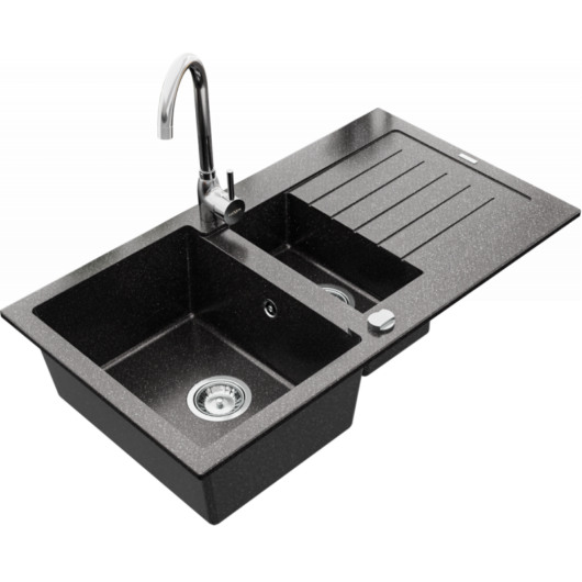 Next2 gyümölcsmosós gránit mosogató automata dugóemelő, szifonnal, fekete-szemcsés