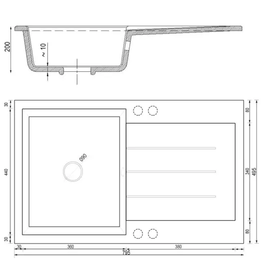 Roxy egymedencés gránit mosogató csepptálcával méret