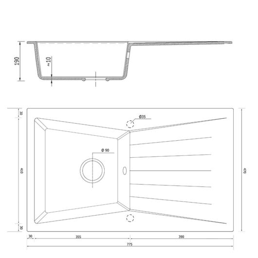 RUBIN egymedencés gránit mosogató csepptálcával, méret, fekete szemcsés