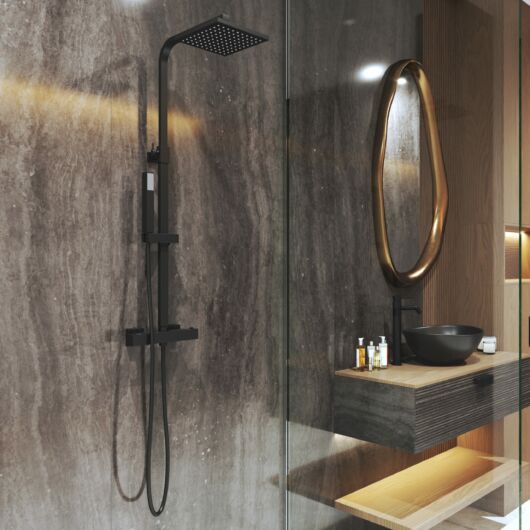 Cube termosztatikus esőztető zuhanyszett szögletes zuhanyfejjel fekete