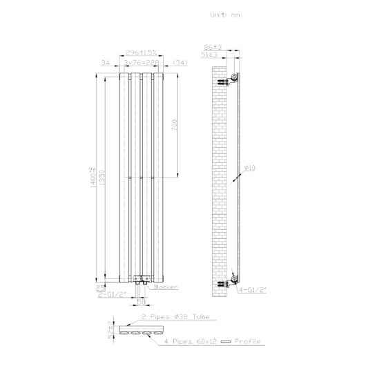 Design vertical radiátor 29,6cm x 140cm, fehér