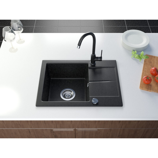 Bef egymedencés gránit mosogató automata dugóemelő, szifonnal, fekete-szemcsés