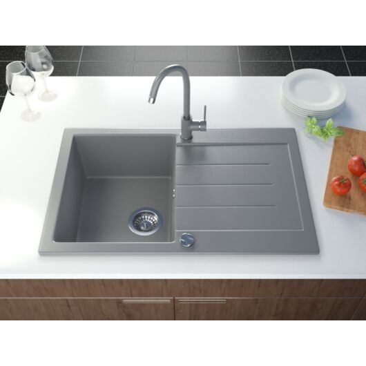 Roxy egymedencés gránit mosogató csepptálcával, automata dugóemelő, szifonkészlet, szürke