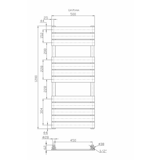 Design classic törölközőszárító radiátor 50cm x 120cm, fekete