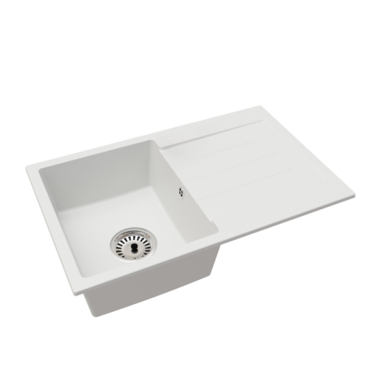 Roxy egymedencés gránit mosogató csepptálcával, fali csaphoz automata dugóemelő, szifonkészlet, fehér