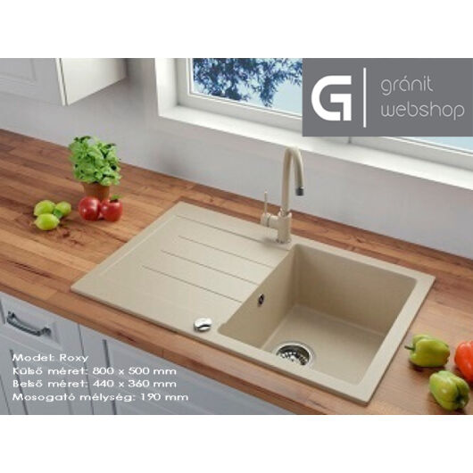 Roxy egymedencés gránit mosogató csepptálcával, automata dugóemelő, szifonkészlet, bézs