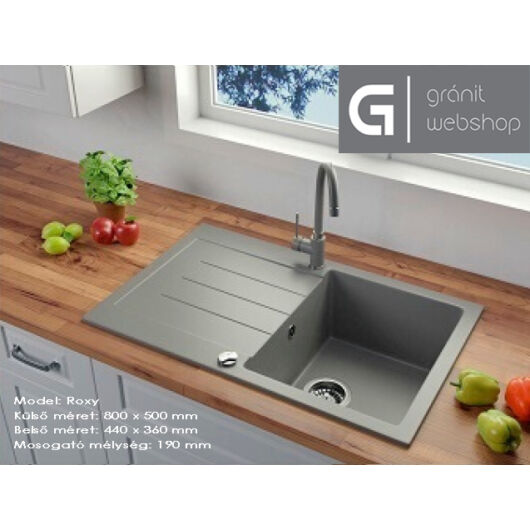 Roxy egymedencés gránit mosogató csepptálcával, automata dugóemelő, szifonkészlet, szürke