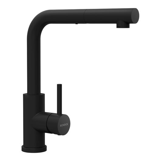 Schock Pinedo D-100XS konyhai mosogatótálca 620 x 500 mm Cristalite Nero, fekete szűrőkosár és túlfolyó takaró és Schock Kantus konyhai csaptelep kihúzható fejjel fekete, beépíthető