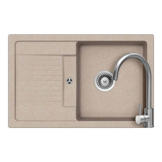 Schock Lima D-100S konyhai mosogatótálca 780 x 500 mm Cristalite Sabbia, homok és Schock Prima konyhai csaptelep rozsdamentes acél, beépíthető