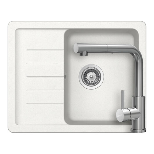 Schock Pinedo D-100XS konyhai mosogatótálca 620 x 500 mm Cristalite Alpina, fehér és Schock Kantus konyhai csaptelep kihúzható fejjel rozsdamentes acél, beépíthető