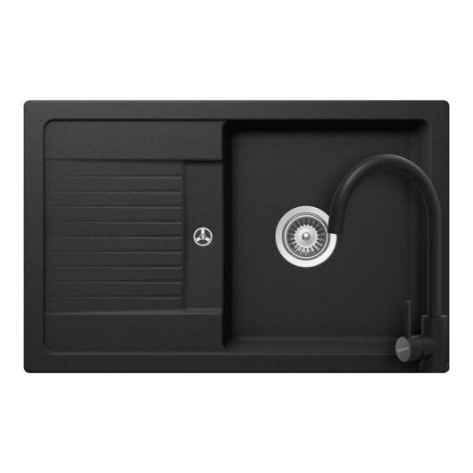 Schock Lima D-100S konyhai mosogatótálca 780 x 500 mm Cristalite Nero, fekete és Schock Prima konyhai csaptelep fekete, beépíthető