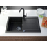 Kép 1/3 - Roxy egymedencés gránit mosogató csepptálcával, fali csaphoz automata dugóemelő, szifonkészlet, fekete.szemcsés